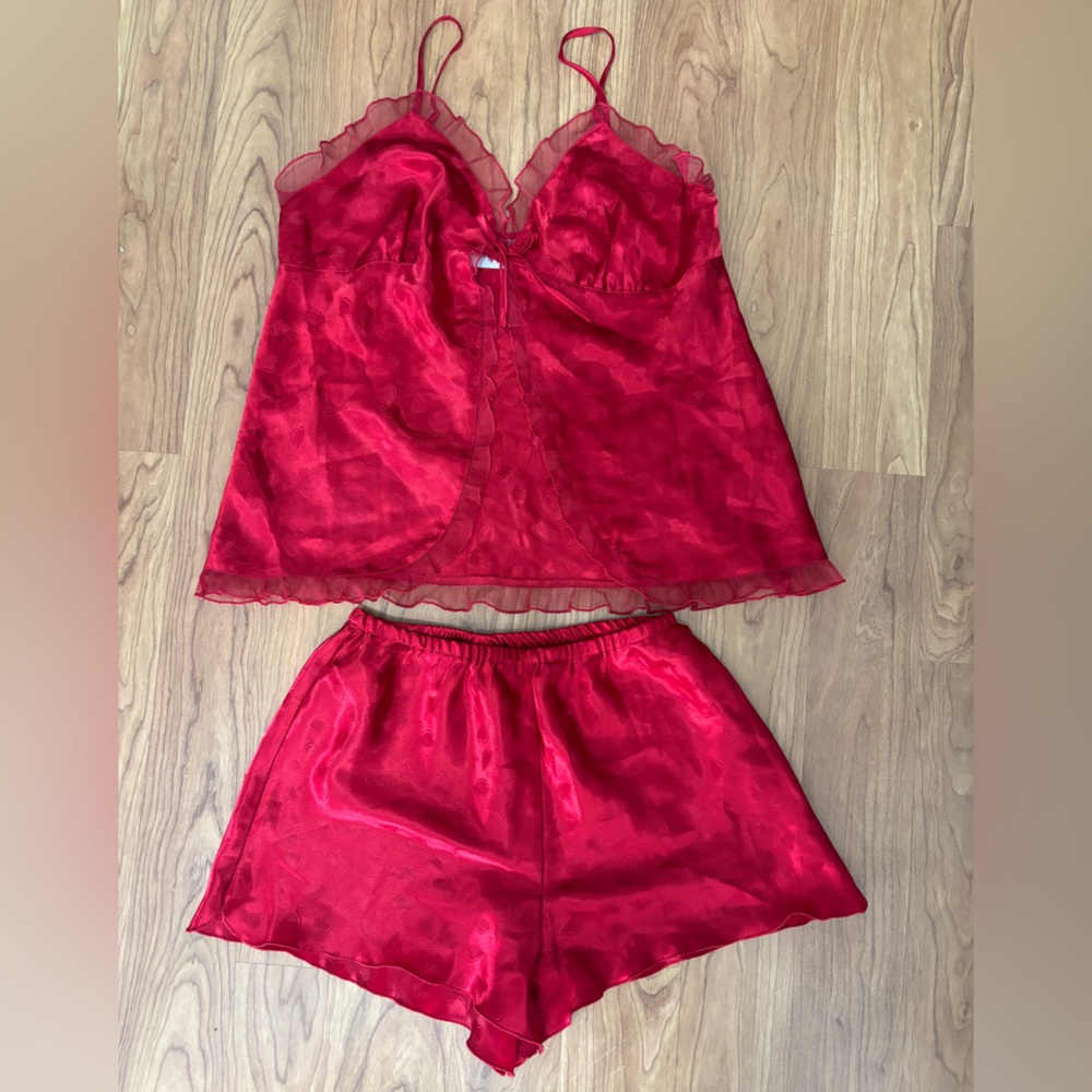 Jaclyn Smith Sleepwear 2 piece‎ satin pajama set red hearts valentines day Sz M